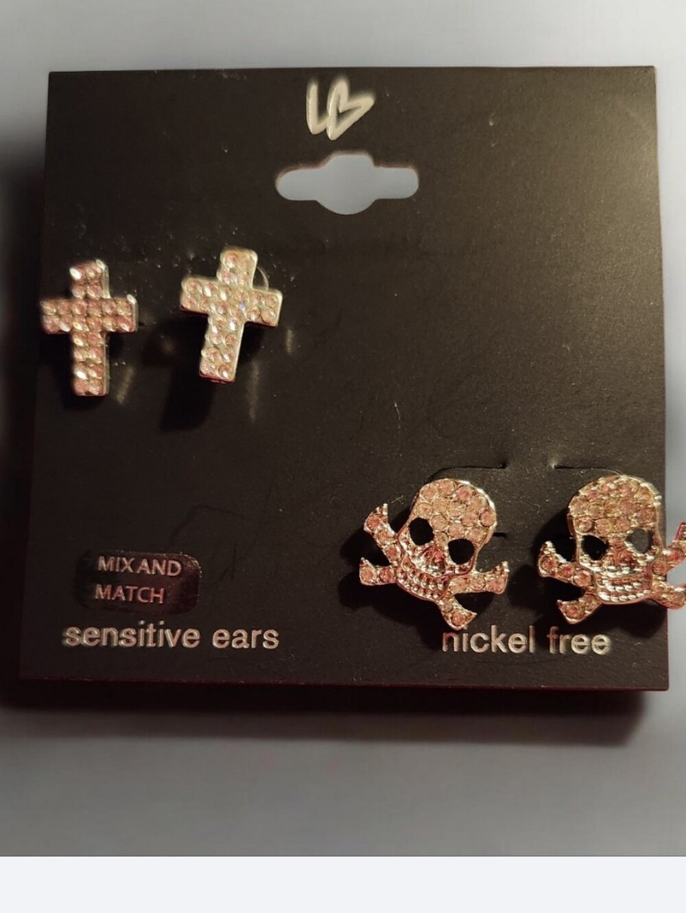 Crystal Cross & Skull Stud Earring Set - Rose Gold Tone